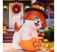 GOOSH Decorazioni gonfiabili per esterni a forma di cane da 1,5 m, grazioso cucciolo in piedi su una zucca con cappello da pellegrino con LED integrati, per giardino, prato, decorazione interna per