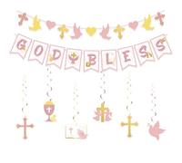 GooTPa Decorazioni per battesimo per ragazze - Decorazioni per prima comunione con striscione Dio benedica, croce cuori colombe segni ghirlanda, vortici da appendere in oro rosa per bambine e donne