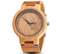 GORBEN Orologio da uomo al quarzo leggero in legno con cinturino in pelle, motivo cervo ed elefante, da uomo, Gorben014., Cinghia
