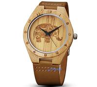 GORBEN Orologio da uomo al quarzo leggero in legno con cinturino in pelle, motivo cervo ed elefante, da uomo, Gorben105., Cinghia