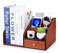 GORESE Organizer da Scrivania con Porta Documenti,Raccoglitore Documenti Organizer in Pelle Porta Riviste con Cassetto e 4 Portapenne,Porta libri portaoggetti per Ufficio,Casa,Scuola,Ospedale(Marrone)
