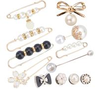 GORGECRAFT 1 scatola 12 stili Spilla Da Balia con Perle Clip di Sicurezza Decorative Perle Bianche Finte con Strass Spille Smaltate In Lega per Maglione Abiti Cardigan Colletto Forniture Da Donna