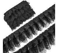 GORGECRAFT 10 iarda*65mm 3 Strati di Chiffon Plissettato Fiore Pizzo Arricciata Rete Bordo Organza Nastro Tessuto Volant Bordi Passamanerie Ricamato per Artigianato Decorazione Abito da Sposa Nero