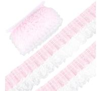 GORGECRAFT 10 Yards 2 Strati Pizzo Nastro Plissettato Organza Trim 5cm Largo Rosa Arricciato Tessuto Tulle Volant Maglia Bordi Passamanerie Applique per Abbigliamento Ricamato Abito da Sposa Cucito