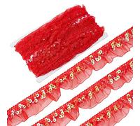 GORGECRAFT 13Yds Raso Organza Rosso Pieghettato Bordo Pizzo Arricciato Tessuto A Rete Paillettes Stretch Nastro Increspato Bordo Elastico Rifinitura Bordo In Fibra Passamaneria per Stoffa Cucito