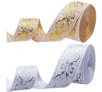 GORGECRAFT 14mX3.3cm Nastro Jacquard Metallico Etnico Ricamato Rotolo di Tessuto Boho su Doppio Lato Tessuto Floreale per Cucire Avvolgere La Cinghia per Artigianato Tende Da Casa Oro Argento