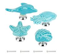 GORGECRAFT 4 Sets Starfish Octopus Shell Dolphin Pomelli per Armadietto In Ceramica Animali Marini Tema Oceano Stile Cartone Animato Manopola per Comò Fatta A Mano Maniglie (Blu)