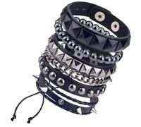 GORGECRAFT 4pz Braccialetti Punk Rock in Pelle con Borchie Braccialetti Elastici con Perline Rotonde in Ematite Nera Catena Vintage 80 Fasce per Capelli e Set di Cinturini da Polso Halloween Cosplay