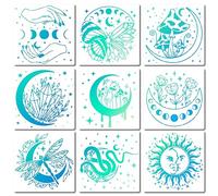 GORGECRAFT 9 pz Stile Misto Sole Luna e Stelle Stencil Piante e Mini Animali Stencil Pittura Fiore Diamante Stencil Quadrati in Plastica Riutilizzabili per Dipingere Pirografia su Legno e Incisione