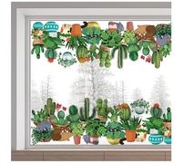 GORGECRAFT Adesivo per Finestra con Pianta e Gatto Grande Cactus in Vaso Fiore Foglie Verdi Primavera Rimovibile in PVC Riutilizzabile Bifacciale Decorazione per Porta Scorrevole Fermaporta