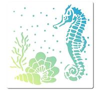 GORGECRAFT Stencil Cavalluccio Marino Modelli Conchiglia Piante Acquatiche Estate Oceano Tema 18x18 cm Stencil Disegno Quadrato per Dipingere su Parete Mobili Tela Tessuto Scrapbooking Fai Da Te