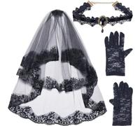 GORGECRAFT Velo Da Sposa Gotico con Guanti In Pizzo Nero Collana Girocollo Accessori per Abiti Da Sposa Da Sposa Velo A Rete In Pizzo A 2 Livello con Pettine Copricapo per Costume di Halloween Cosplay