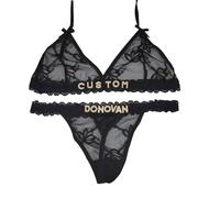 Gorgieousy Set di Reggiseno e Perizoma Personalizzato, Perizoma Personalizzato con Nome, Biancheria Intima Dorata Argentata con Lettere di Strass, Set di Lingerie