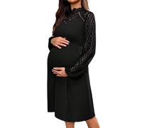 GORGLITTER Abito da donna elegante premaman a maniche lunghe, in pizzo, per il tempo libero, per donne incinte, abito da sera lungo al ginocchio, festival, Nero , S