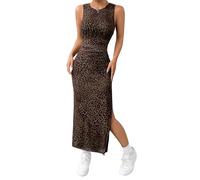 GORGLITTER Abito lungo da donna, elegante, con motivo leopardato, per il tempo libero, con fessura, per feste, senza maniche, a matita, Leopardo, M