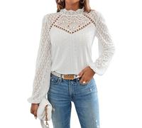 GORGLITTER Camicetta da donna elegante, con colletto alto, a maniche lunghe, in pizzo, bianco, M
