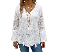 GORGLITTER Camicia da donna in pizzo, elegante, a maniche lunghe, con maniche bishop, a maniche lunghe, per autunno, bianco, XXL