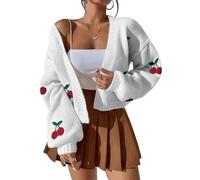 GORGLITTER Cardigan da donna corto a coste con dolce motivo ciliegia a maniche lunghe anteriore aperto cardigan a V, bianco, M