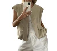 GORGLITTER Gilet da donna elegante, senza maniche, con chiusura lampo, con tasche, casual, oversize, leggero, per le mezze stagioni, cachi, L