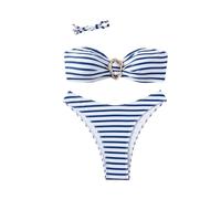 GORGLITTER Set bikini da donna, costume da bagno estivo, a righe, bikini a vita alta, in due pezzi, blu e bianco., L