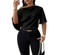GORGLITTER Top da donna in raso elegante grandi taglie camicetta con spalle scoperte top con maniche a mantovana camicia allentata top casual top abiti estivi, Nero, XL