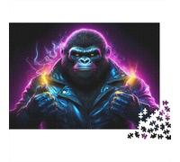 Gorilla with Lightning-Cyberpunk Art Style Puzzle for Adults Educational Neon Gorilla in Leather Jacket 1000 Pieces Suitable for Decompression 38x26cm/1000pcs