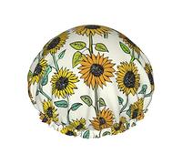 Gorro de ducha con estampado de girasoles románticos, gorro de satén, gorro de pelo, gorros de baño impermeables, banda elástica, dobladillo elástico, gorro de ducha reutilizable