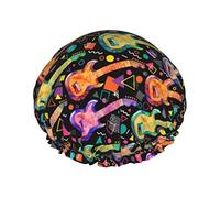 Gorro de ducha reutilizable con diseño de instrumentos musicales de neón para mujer, gorro de baño impermeable con forro de PEVA, gorro de baño con dobladillo elástico de doble capa, gorro de pelo elá