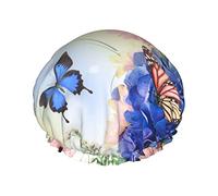 Gorro de ducha reutilizable con mariposa azul y flores y palmeras para mujer, gorro de ducha doble a prueba de salpicaduras, tamaño grande para todas las longitudes de cabello