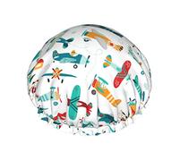 Gorro de ducha reutilizable con patrón de instrumentos musicales de neón con estampado de aviones y nubes, gorro de baño impermeable con forro de PEVA para mujer, gorro de baño con dobladillo elástico