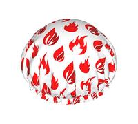 Gorro de ducha reutilizable con patrón de instrumentos musicales de neón con estampado de fuego, gorro de baño impermeable con forro de PEVA para mujer, gorro de baño con dobladillo elástico de doble