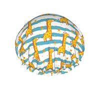 Gorro de ducha reutilizable con patrón de instrumentos musicales de neón con estampado de jirafa de dibujos animados, gorro de baño impermeable con forro de PEVA para mujer, gorro de baño con dobladil