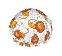 Gorro de ducha reutilizable con patrón de instrumentos musicales de neón con estampado de león de dibujos animados, gorro de baño impermeable con forro de PEVA para mujer, gorro de baño con dobladillo
