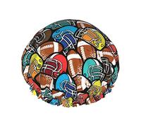 Gorro de ducha reutilizable con patrón de instrumentos musicales de neón con estampado de rugby para mujer, gorro de baño impermeable con forro de PEVA, gorro de baño con dobladillo elástico de doble