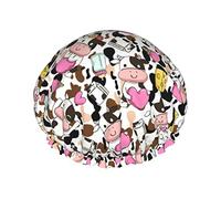 Gorro de ducha reutilizable con patrón de instrumentos musicales de neón con estampado de vaca bonita, gorro de baño impermeable con forro de PEVA para mujer, gorro de baño con dobladillo elástico de
