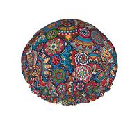 Gorro de ducha reutilizable con patrón de instrumentos musicales de neón con estampado marroquí, gorro de baño impermeable con forro de PEVA para mujer, gorro de baño con dobladillo elástico de doble