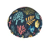Gorro de ducha reutilizable con patrón de instrumentos musicales de neón Coral, gorro de baño impermeable con forro de PEVA para mujer, gorro de baño con dobladillo elástico de doble capa, gorro de pe