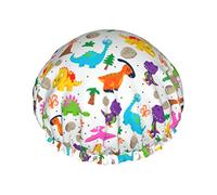 Gorro de ducha reutilizable con patrón de instrumentos musicales de neón de dinosaurio de dibujos animados, gorro de baño impermeable con forro de PEVA para mujer, gorro de baño con dobladillo elástic