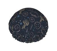 Gorro de ducha reutilizable con patrón de instrumentos musicales de neón de medusas marinas, gorro de baño impermeable con forro de PEVA para mujer, gorro de baño con dobladillo elástico de doble capa