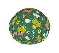 Gorro de ducha reutilizable con patrón de instrumentos musicales de neón de rana bonita, gorro de baño con forro de PEVA impermeable para mujer, gorro de baño con dobladillo elástico de doble capa, go