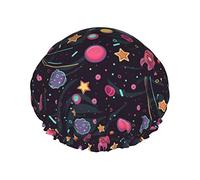 Gorro de ducha reutilizable con patrón de instrumentos musicales de neón espacial para mujer, gorro de baño impermeable con forro de PEVA, gorro de baño con dobladillo elástico de doble capa, gorro de