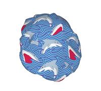 Gorro de ducha Shark Blue Wave Cute Pink para mujer, impermeable, reutilizable, forro de PEVA, dobladillo elástico ajustable para todo el pelo largo, gorro de baño