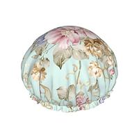 Gorro de pelo con dobladillo elástico reutilizable para mujer, gorro de ducha impermeable doble con flores de acuarela y primavera, gorro de baño