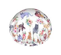 Gorros de ducha Acuarela Flor Gatos Gorro de baño para mujer Gorro de ducha impermeable y ajustable de doble capa