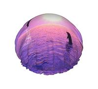 Gorros de ducha con estampado de delfines al atardecer para mujer, gorros de baño elásticos reutilizables, gorro de ducha impermeable doble