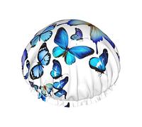 Gorros de ducha con estampado de fresa y mariposa azul para mujer, gorros de baño elásticos reutilizables, gorro de ducha impermeable doble