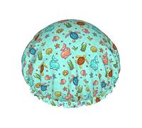 Gorros de ducha de pez dorado de tortuga marina para mujer, impermeables, reutilizables, ajustables y de doble capa, gorro de baño con dobladillo elástico