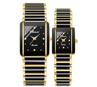 Gosasa Coppia di orologi vintage da uomo e da donna, orologio al quarzo quadrato in ceramica per lui e per lei, set di orologi da uomo e da donna, con diamanti, Oro e nero., Lusso