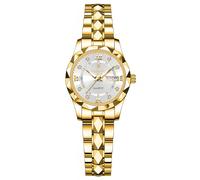 Gosasa Orologio analogico al quarzo da uomo e donna, in acciaio inox, con numeri romani, impermeabile, con calendario, colore oro e argento, Oro bianco, Women