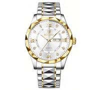 Gosasa Orologio analogico al quarzo da uomo e donna, in acciaio inox, con numeri romani, impermeabile, con calendario, colore oro e argento, M-gold Oro Bianco Cerchio, Men